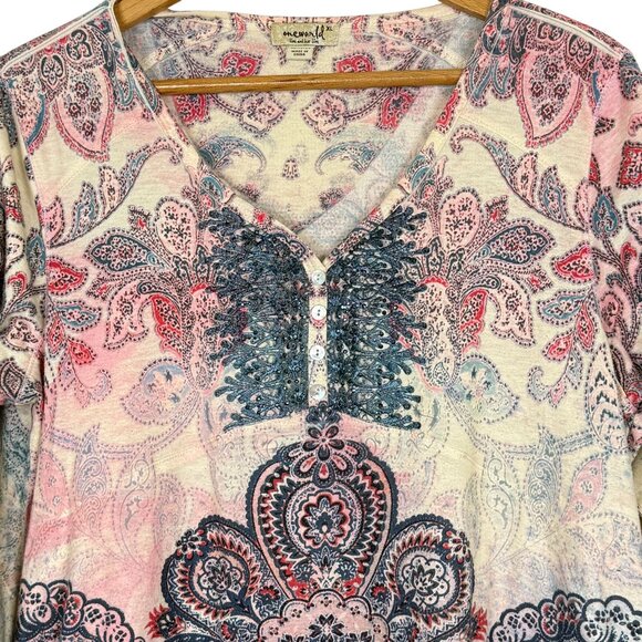 One World Paisley Print Tunic Top Sz XL Beaded 3/4 Sleeves Asymmetrical Hem - Picture 2 of 11
